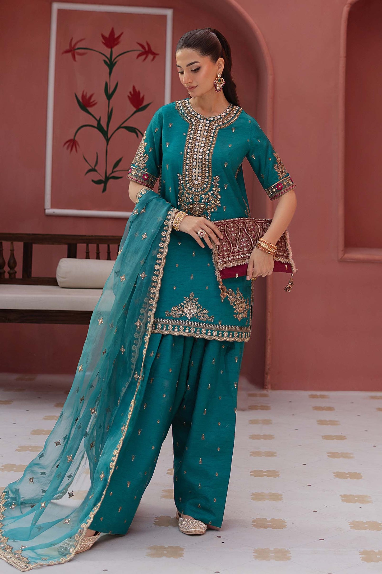 Maria B | Formal Wears | SF-EF25-63 XS Dark Teal Raw Silk