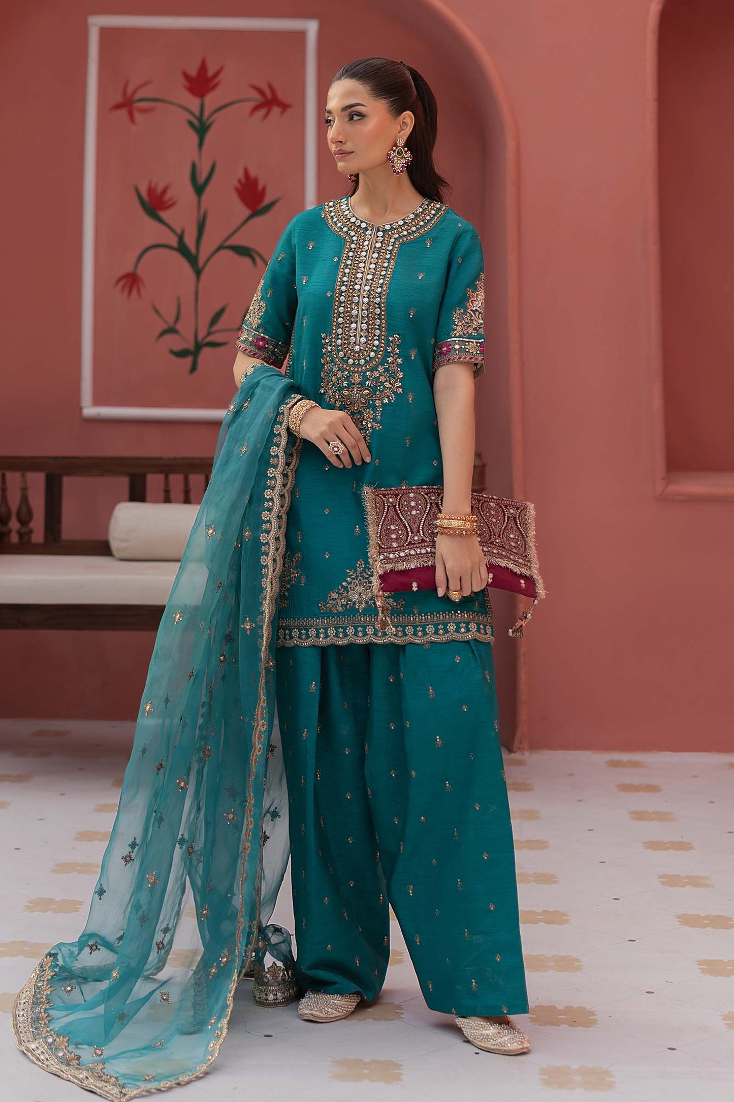 Maria B | Formal Wears | SF-EF25-63 S Dark Teal Raw Silk
