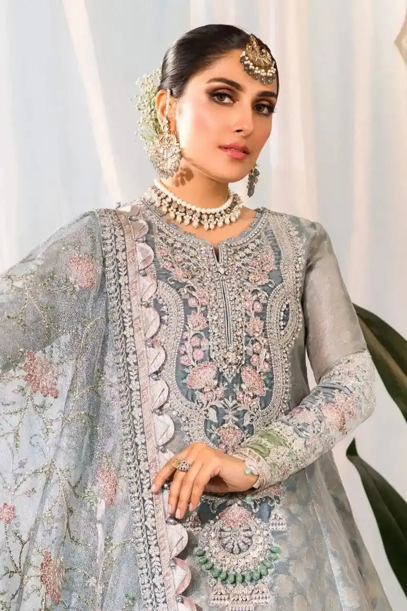 Maria B | Embroidered Collection 22 | Pearl Blue and Ash Pink (BD-2403) - Pakistani Designer Dress - by Maria B | Type: Formal - 100% Original at Saira Sultan