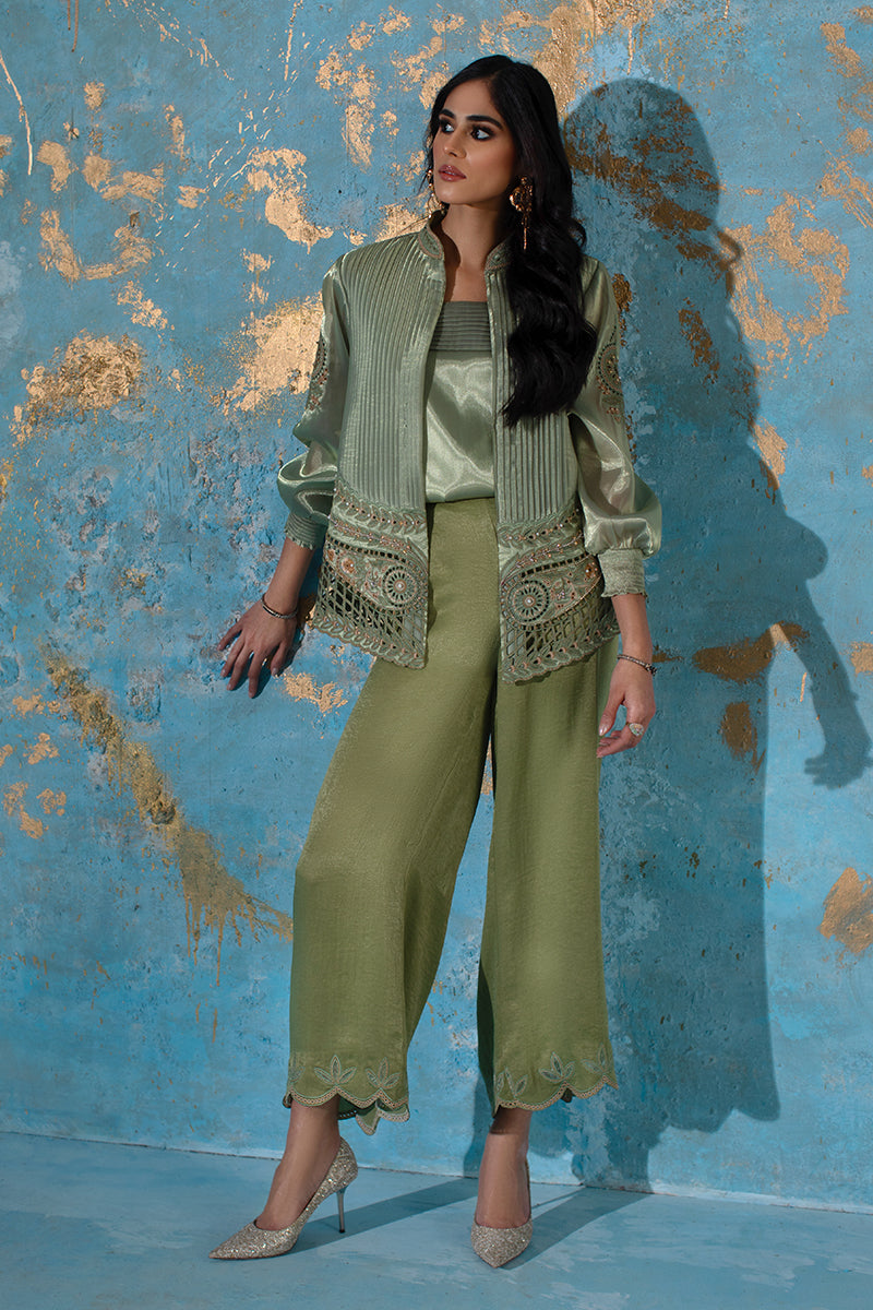 Wardha Saleem | Luxury Pret Fusion Wear | CHANTAL - JACKET SET (3 PC) XS Olive Green Organza Silk