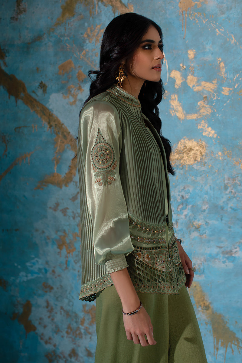 Wardha Saleem | Luxury Pret Fusion Wear | CHANTAL - JACKET SET (3 PC) L Olive Green Organza Silk