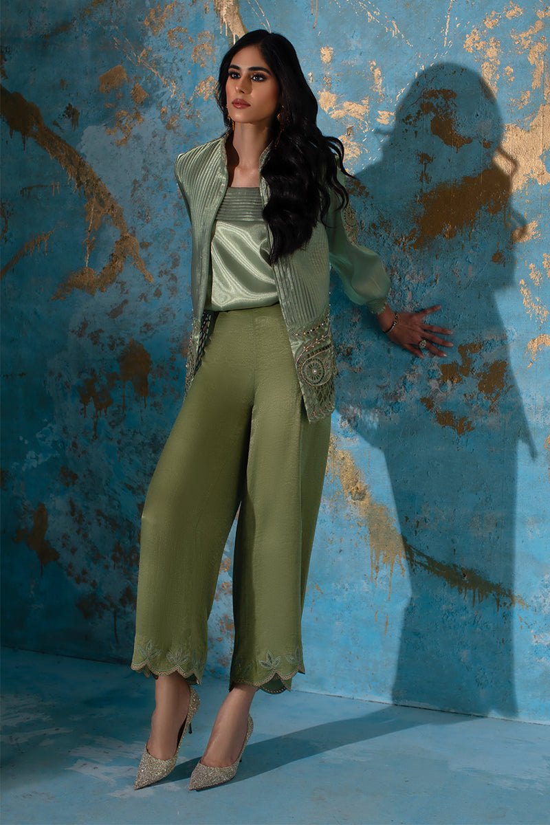 Wardha Saleem | Luxury Pret Fusion Wear | CHANTAL - JACKET SET (3 PC) XL Olive Green Organza Silk