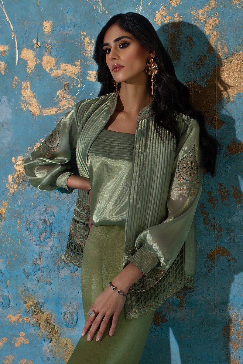 Wardha Saleem | Luxury Pret Fusion Wear | CHANTAL - JACKET SET (3 PC) M Olive Green Organza Silk