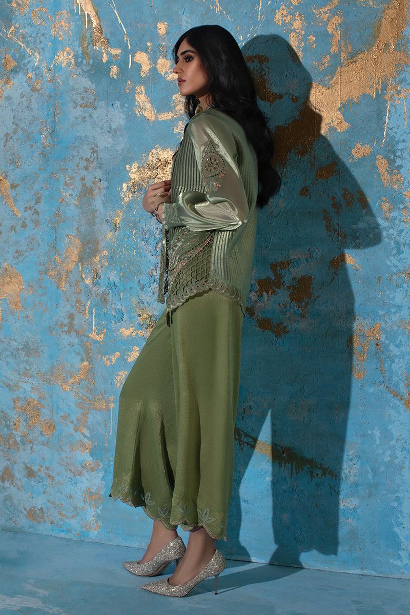 Wardha Saleem | Luxury Pret Fusion Wear | CHANTAL - JACKET SET (3 PC) S Olive Green Organza Silk