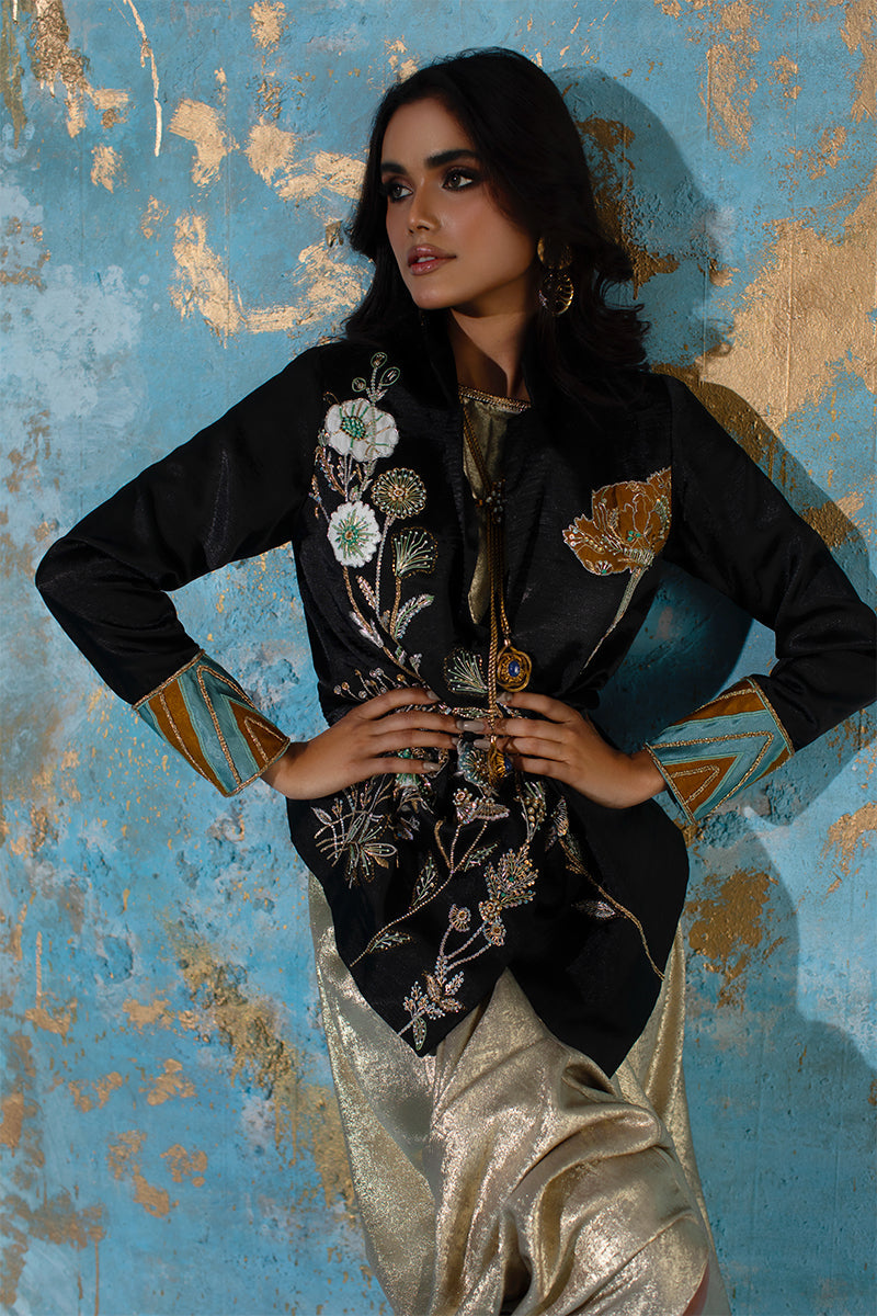 Wardha Saleem | Luxury Pret Fusion Wear | NOVA LUX - JACKET M Black Rod Silk