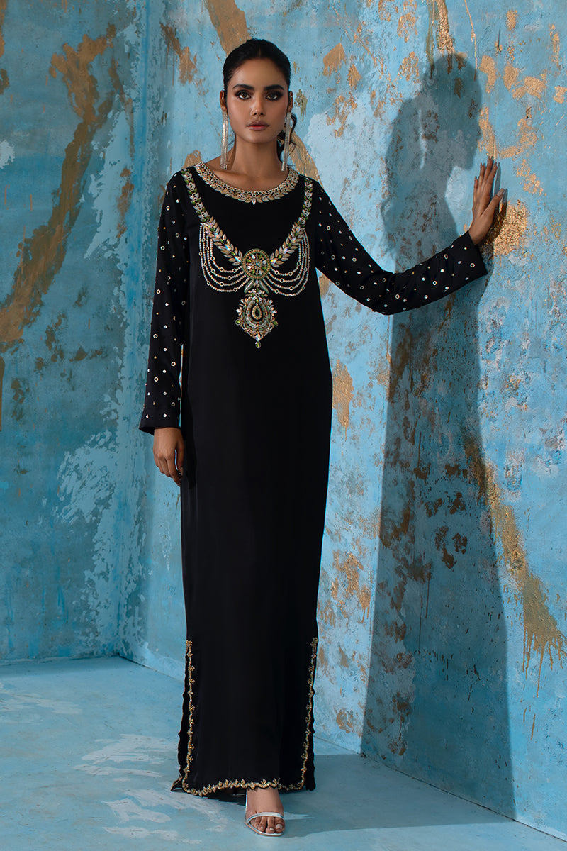 Wardha Saleem | Luxury Pret Fusion Wear | BELLE - KAFTAN XS Black Crepe Silk