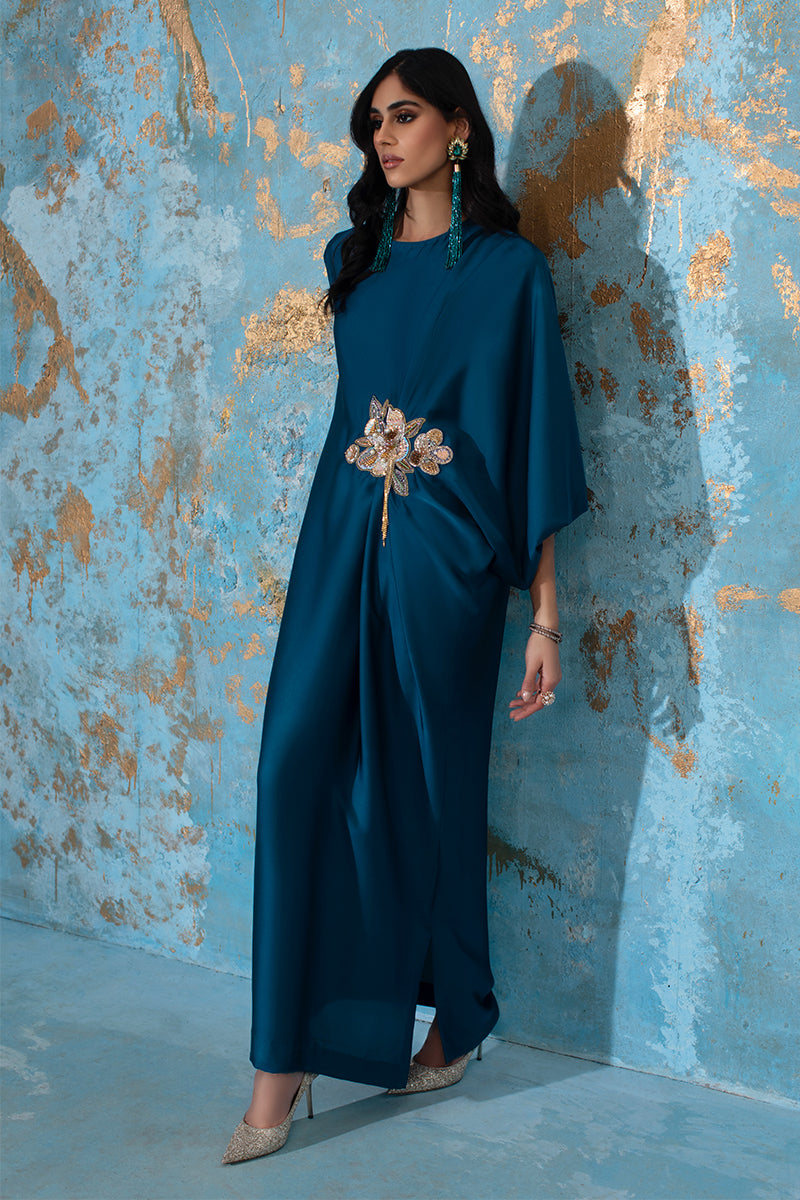 Wardha Saleem | Luxury Pret Fusion Wear | AVA - KAFTAN S Teal Blue Crepe Silk