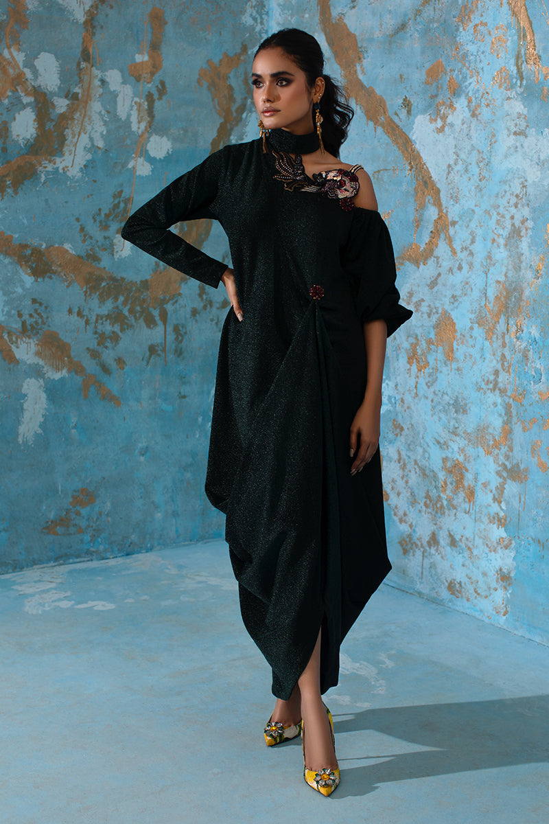 Wardha Saleem | Luxury Pret Fusion Wear | IVY - FORMAL DRAPE XS Bottle Green Shimmer
