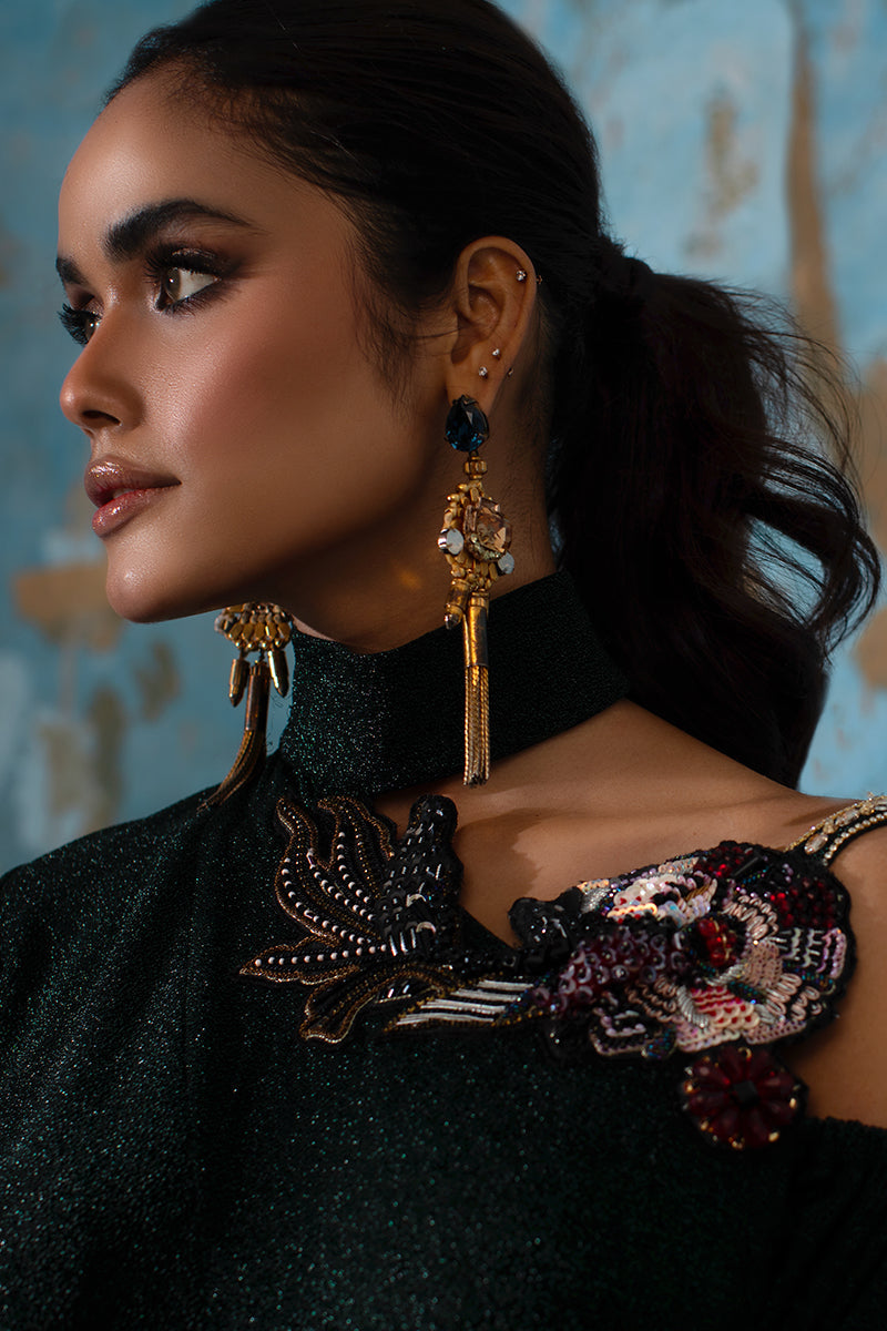 Wardha Saleem | Luxury Pret Fusion Wear | IVY - FORMAL DRAPE M Bottle Green Shimmer