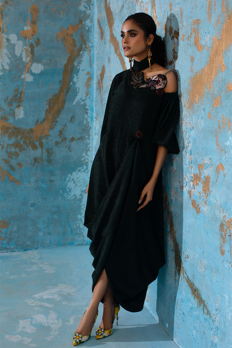 Wardha Saleem | Luxury Pret Fusion Wear | IVY - FORMAL DRAPE Custom Size Bottle Green Shimmer