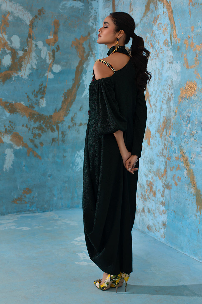 Wardha Saleem | Luxury Pret Fusion Wear | IVY - FORMAL DRAPE S Bottle Green Shimmer