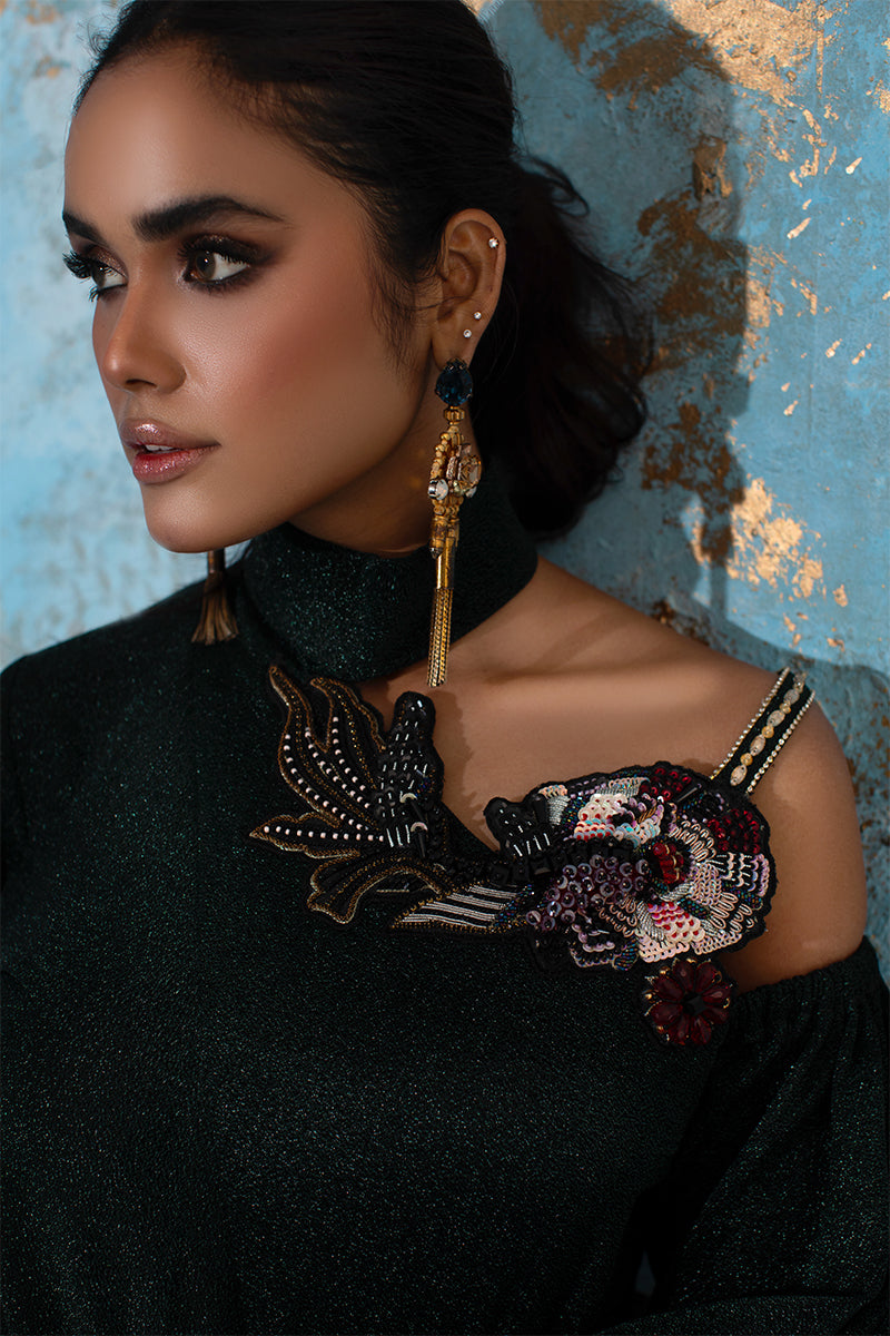 Wardha Saleem | Luxury Pret Fusion Wear | IVY - FORMAL DRAPE L Bottle Green Shimmer