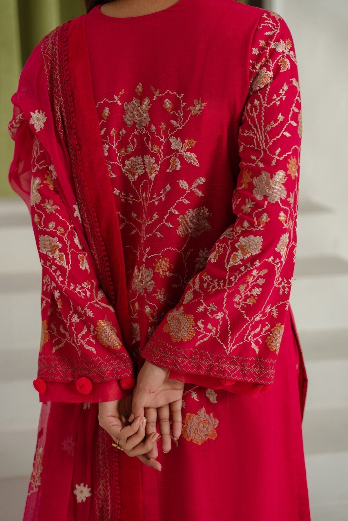 Taana Baana | Manzil Winter | C3410A M Coral Pink Slub Khaddar