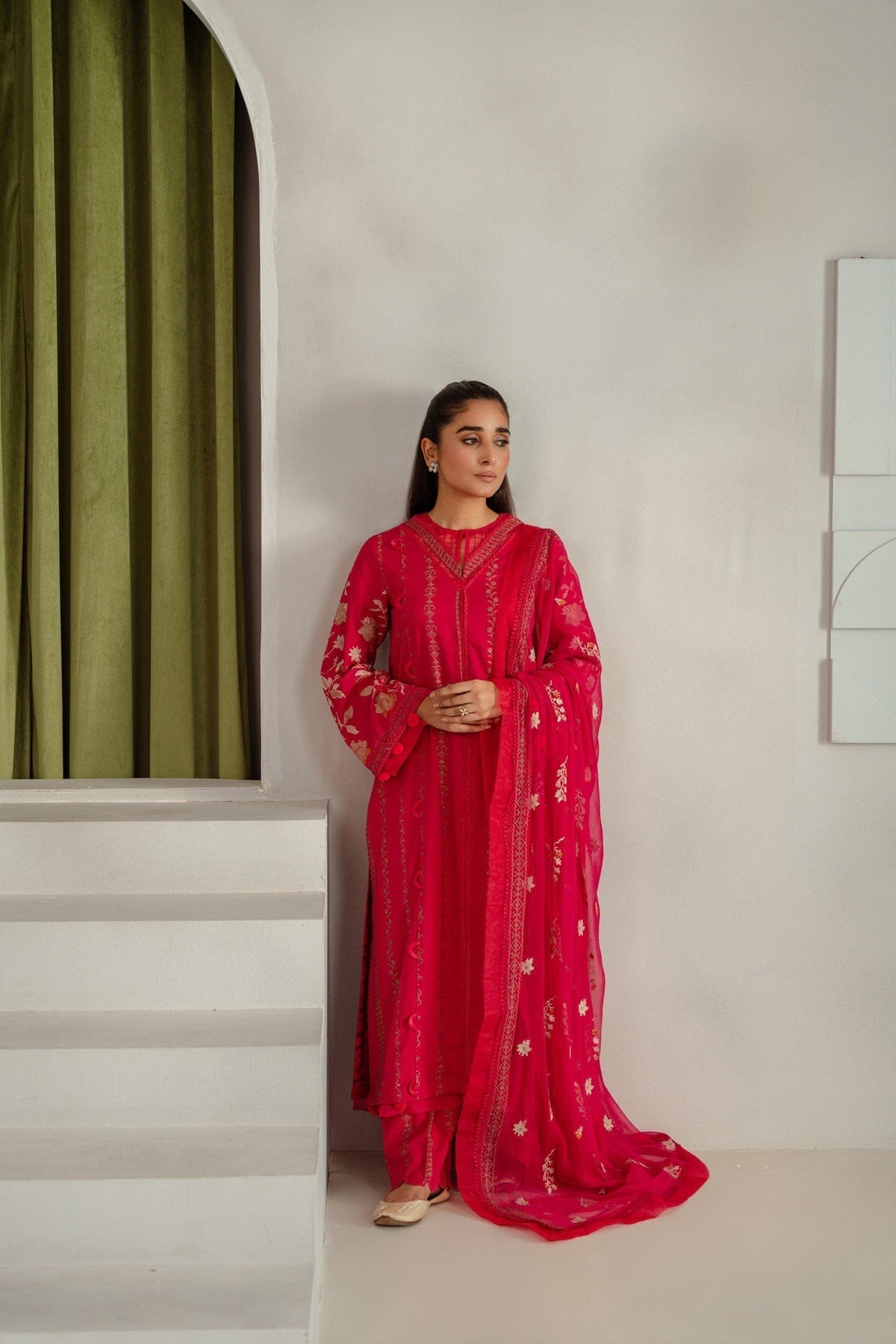 Taana Baana | Manzil Winter | C3410A XS Coral Pink Slub Khaddar
