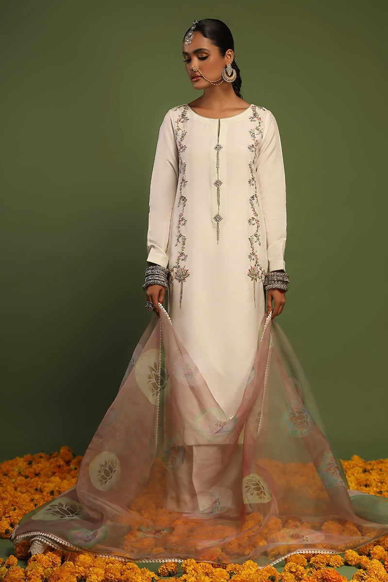 Wardha Saleem | Luxury Pret Traditional Wear | KANWAL - SHIRT WITH PANTS (2 PC) XS Off White Raw Silk