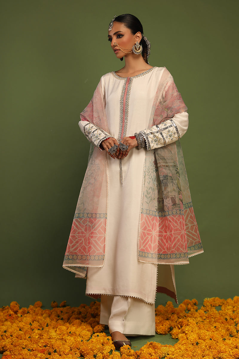 Wardha Saleem | Luxury Pret Traditional Wear | AKS - SHIRT WITH PANTS (2 PC) XS Off White Raw Silk