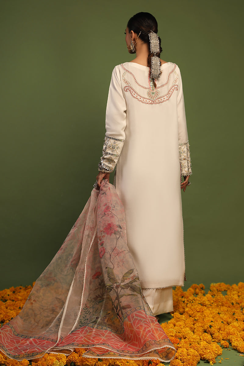 Wardha Saleem | Luxury Pret Traditional Wear | AKS - SHIRT WITH PANTS (2 PC) S Off White Raw Silk