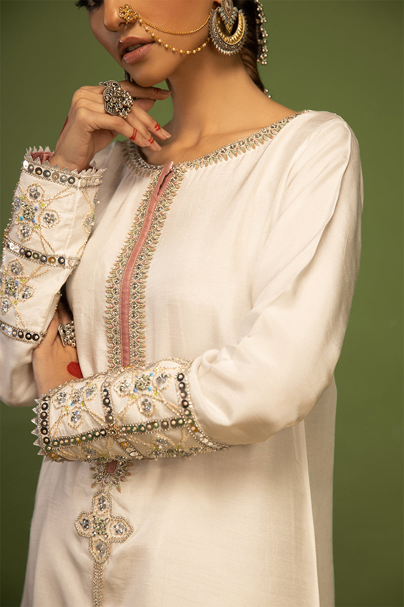 Wardha Saleem | Luxury Pret Traditional Wear | AKS - SHIRT WITH PANTS (2 PC) M Off White Raw Silk