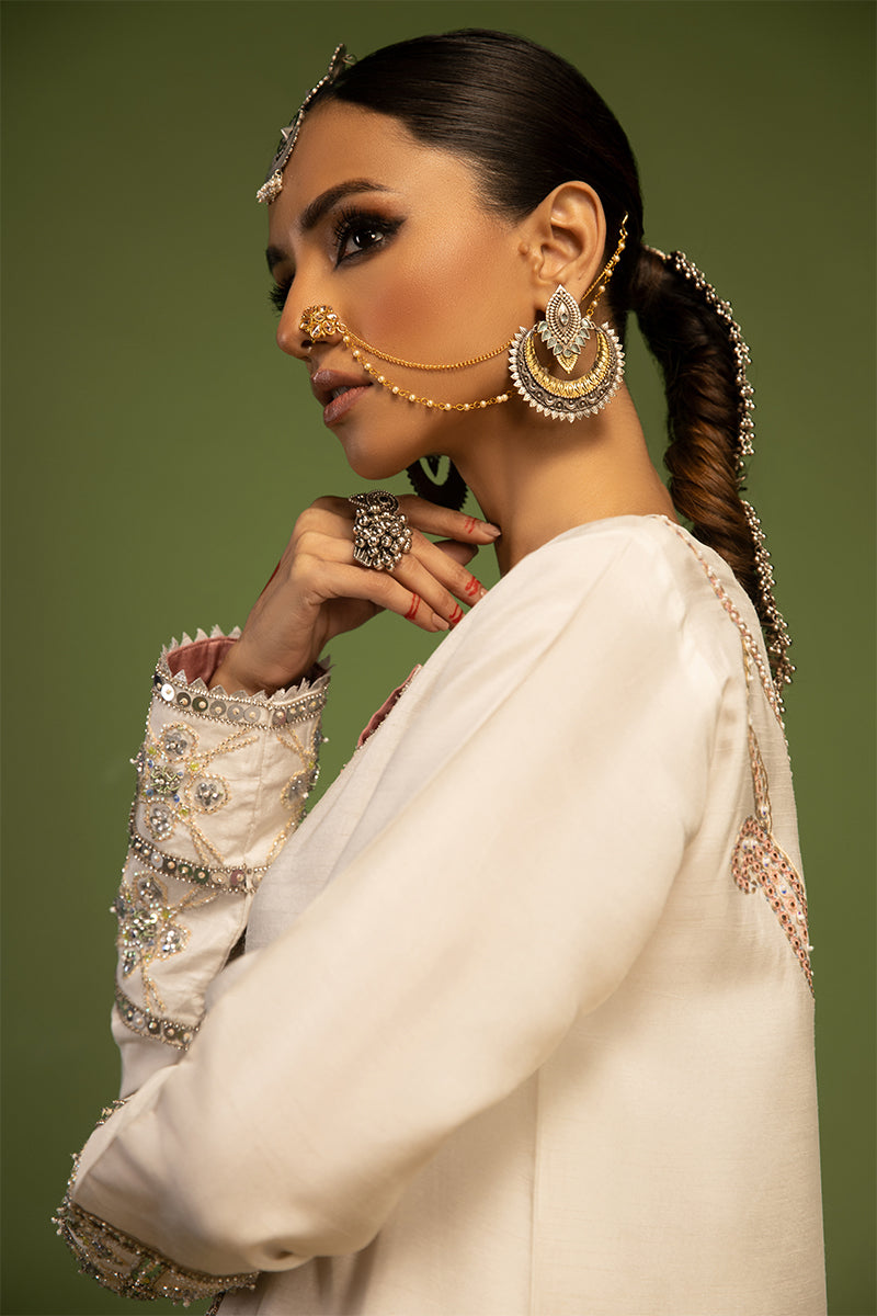 Wardha Saleem | Luxury Pret Traditional Wear | AKS - SHIRT WITH PANTS (2 PC) XL Off White Raw Silk