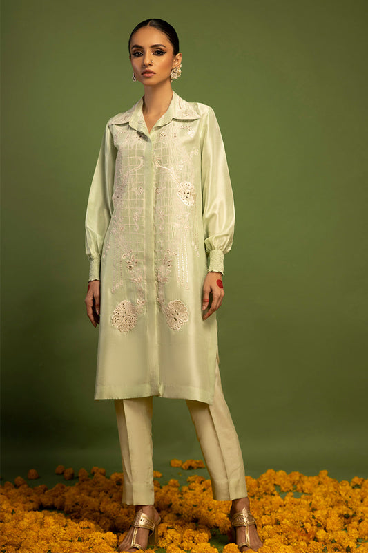 Wardha Saleem | Luxury Pret Traditional Wear | QALB - PURE SILK (2 PC) XS Pistachio Green Raw Silk