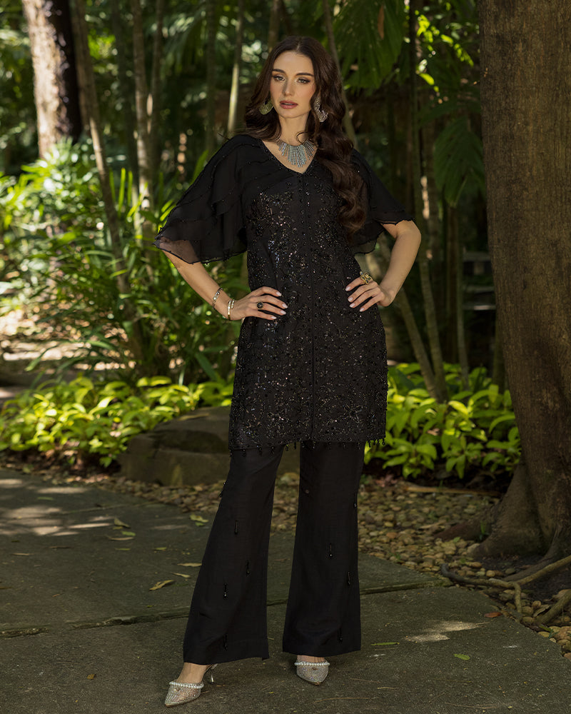 Ain | Cascade Party Wears | AN-102 XS Black Korean Raw Silk