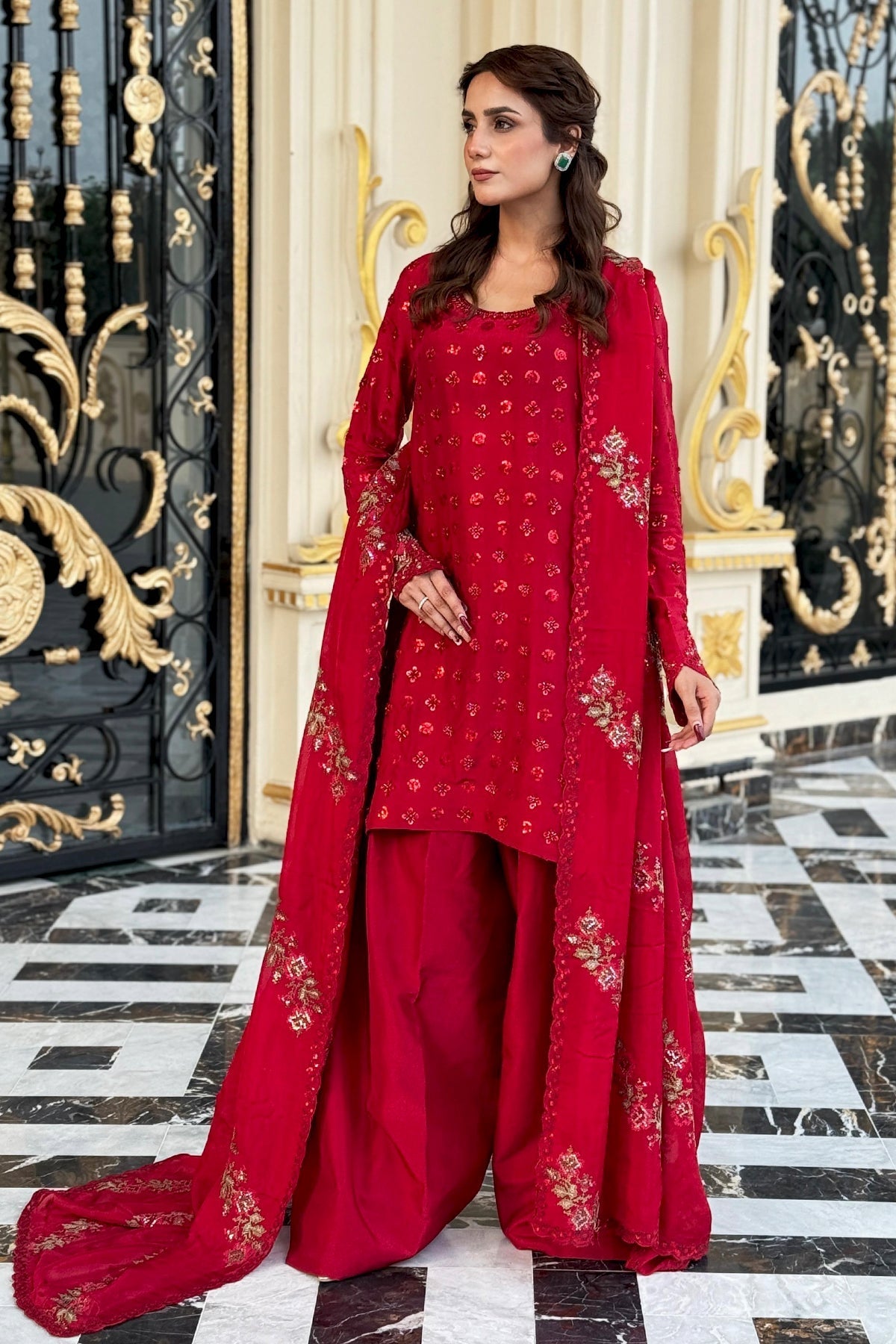 Mina Kashif | Loona Lawn 25 | Ruby S Red Pure Tussar Silk
