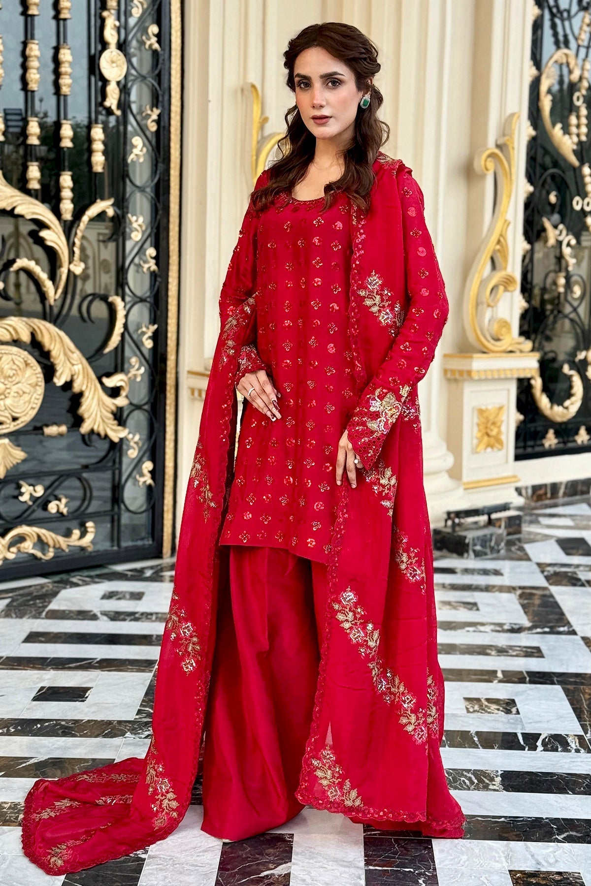 Mina Kashif | Loona Lawn 25 | Ruby XL Red Pure Tussar Silk