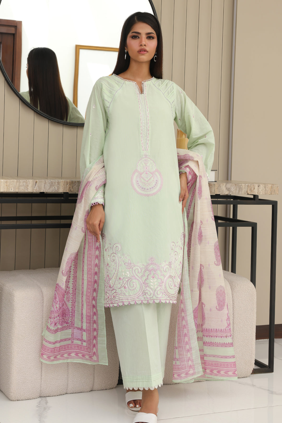 Zellbury | Unstitched 3 Piece Chambray | Embroidered Shirt Shalwar Dupatta - 0077