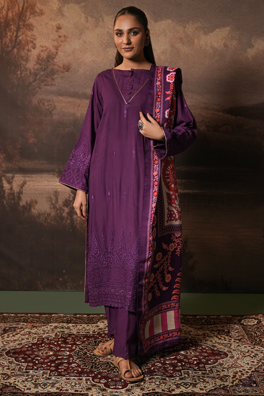 Zellbury | Unstitched 3 Piece Viscose | Embroidered Shirt Shalwar Shawl - 0248