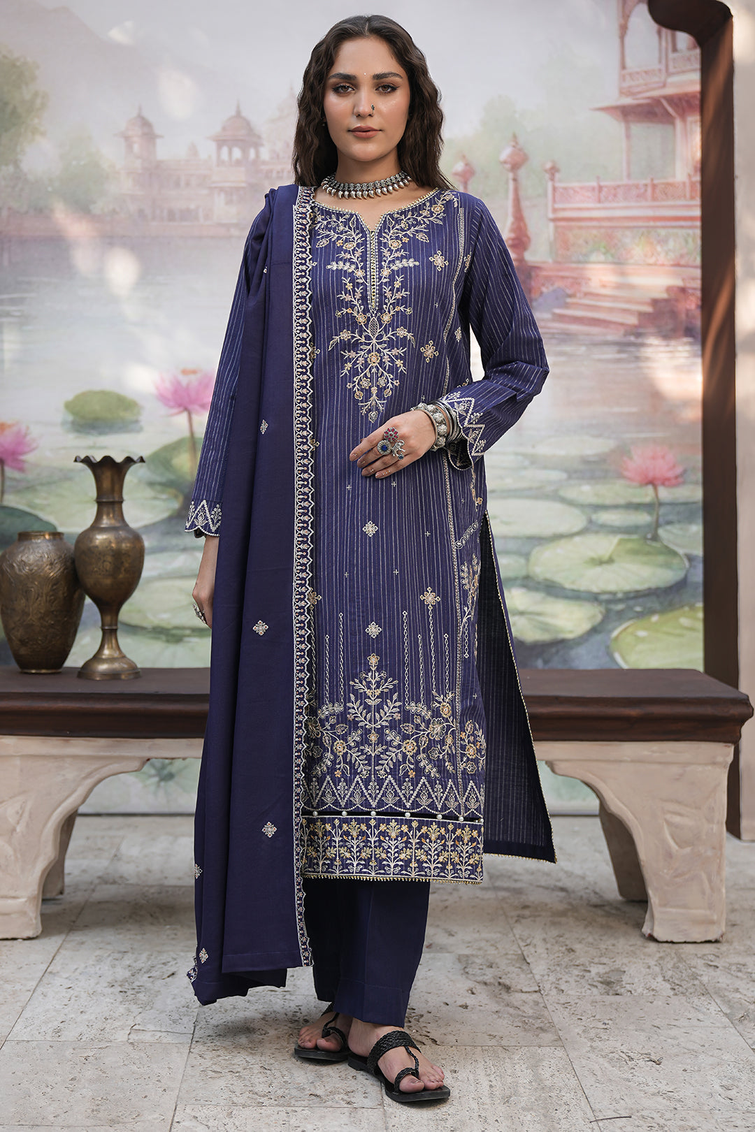 Zellbury | Unstitched 3 Piece Khaddar | Embroidered Shirt Shalwar Shawl - 0409