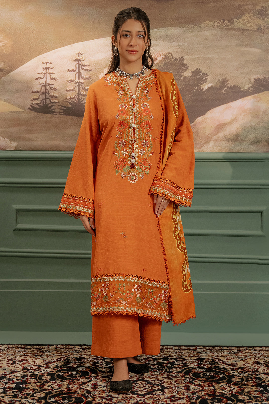 Zellbury | Unstitched 3 Piece Khaddar | Embroidered Shirt Shalwar Dupatta - 0413