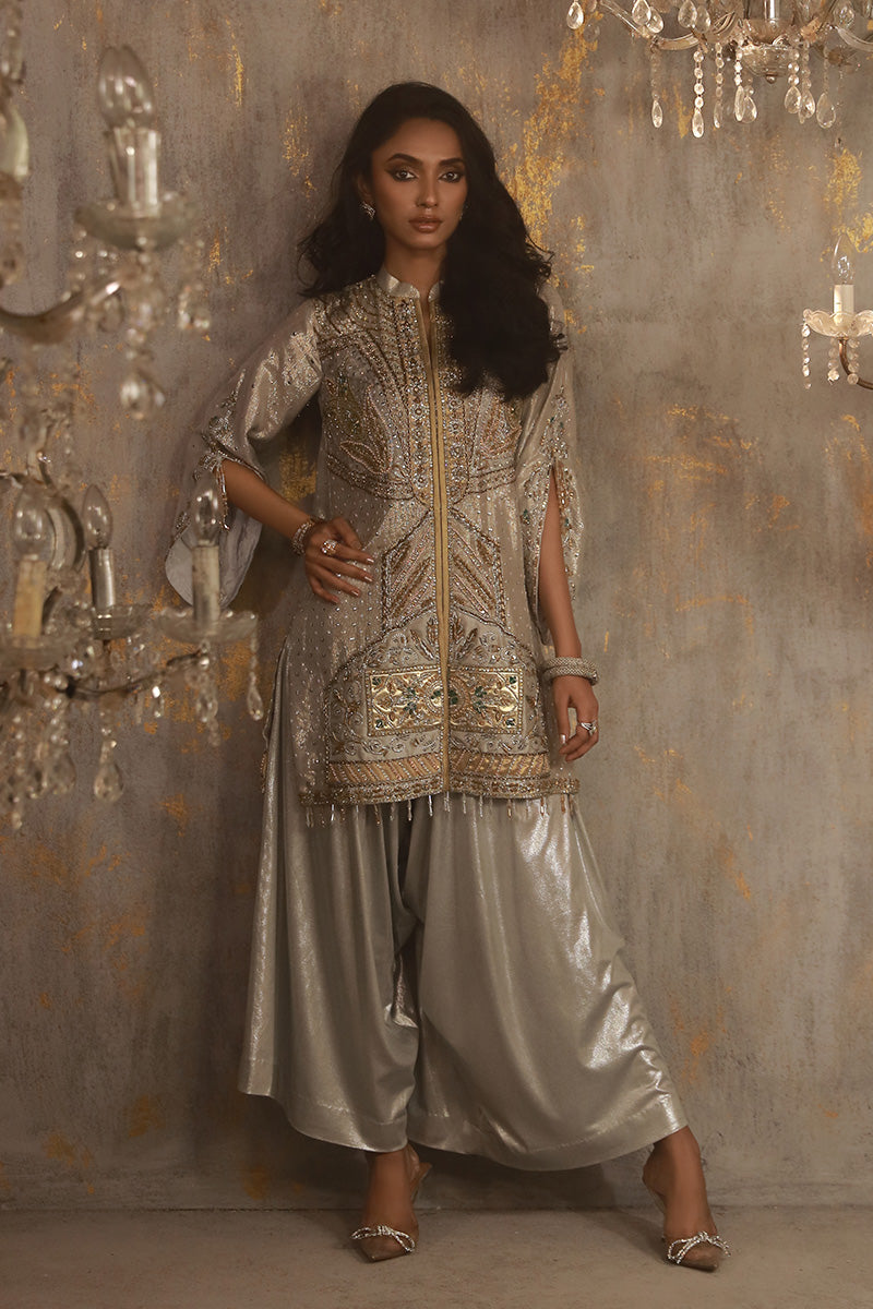 Wardha Saleem | Layla Wedding Formals | Layla-13 XL Silver Shimmer Chiffon