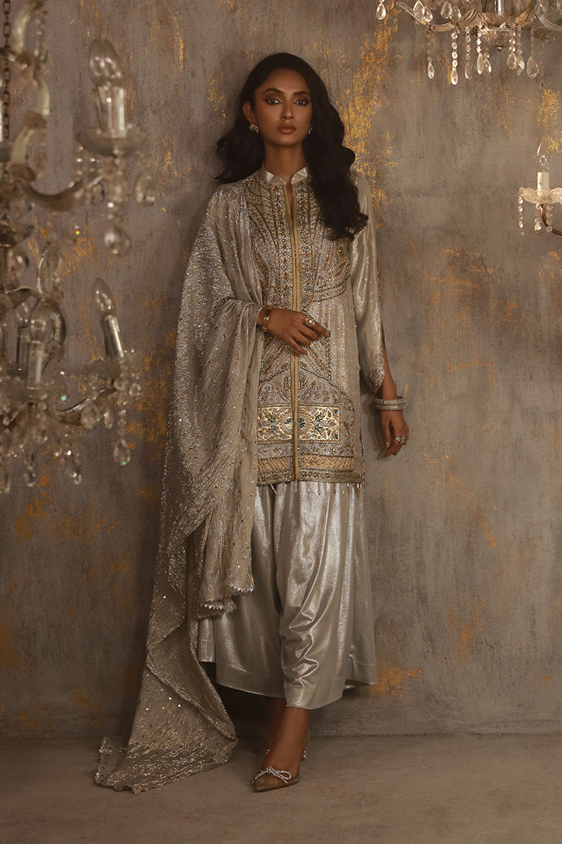 Wardha Saleem | Layla Wedding Formals | Layla-13 XS Silver Shimmer Chiffon