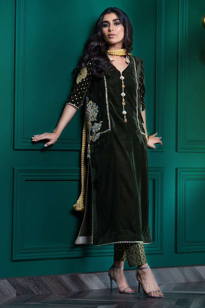 Wardha Saleem | Velvets Winter Fall 24 | Guldaan XS Deep Olive Green Velvet