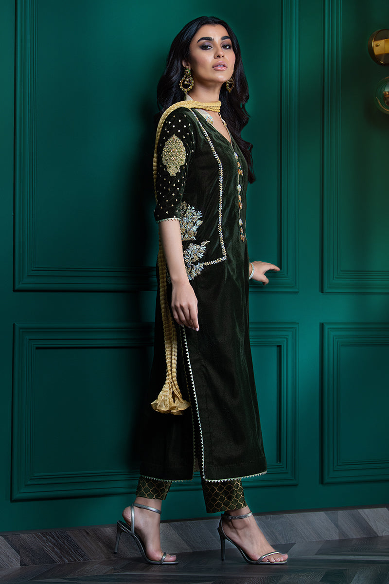 Wardha Saleem | Velvets Winter Fall 24 | Guldaan L Deep Olive Green Velvet
