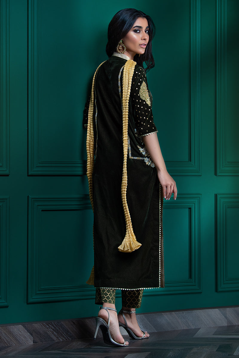 Wardha Saleem | Velvets Winter Fall 24 | Guldaan XL Deep Olive Green Velvet