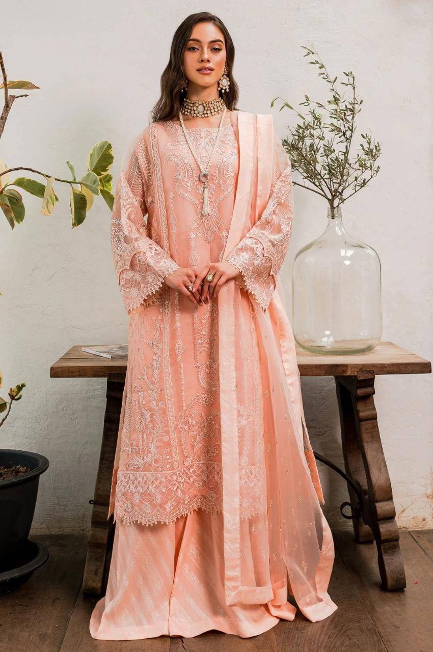 Maryum N Maria | Sorina Luxury Chiffon 23 | Peach Parfait (MW23-505) - Pakistani Designer Dress - by Maryum N Maria | Type: Formal - 100% Original at Saira Sultan