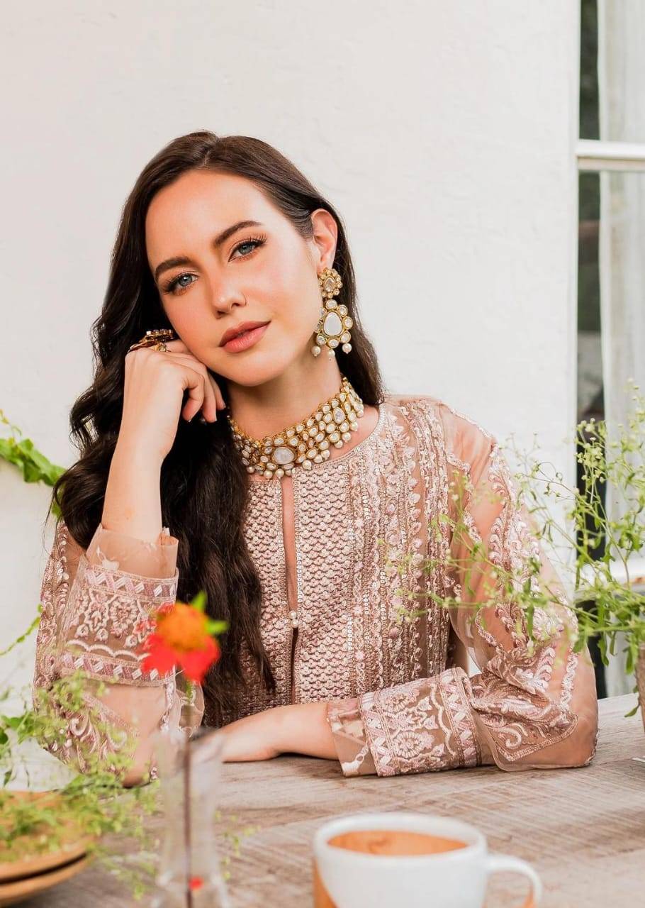 Maryum N Maria | Sorina Luxury Chiffon 23 | Peach Beige (MW23-503) - Pakistani Designer Dress - by Maryum N Maria | Type: Formal - 100% Original at Saira Sultan