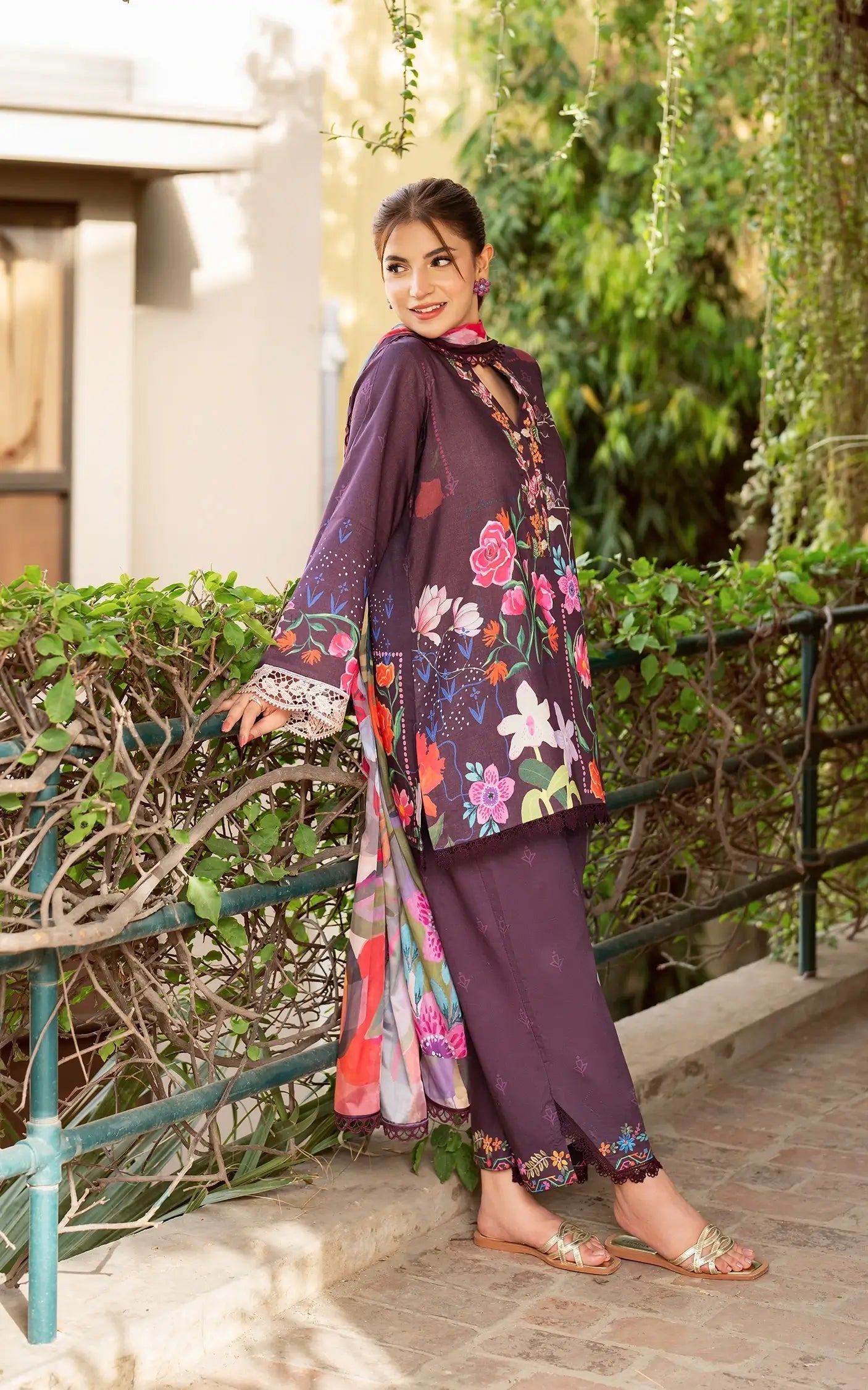 Asifa and Nabeel | Yakin Summer 25 | Whimsical Flora-(YKL25-12) L Burgundy Lawn