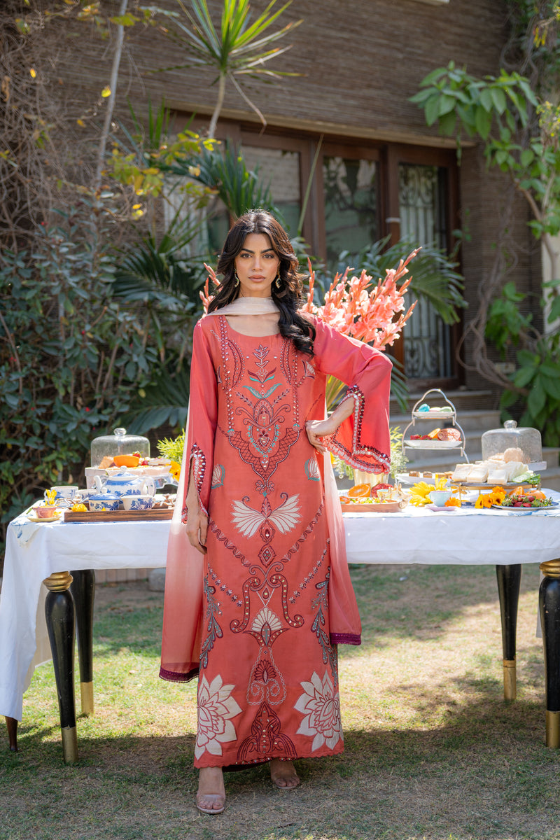 Wahaj M Khan | Pari Collection | Rust Maroon Kaftan Pari Outfit - Pakistani Designer Dress - by Wahaj M Khan - Type : Ladies Clothes - 100% Original at Saira Sultan