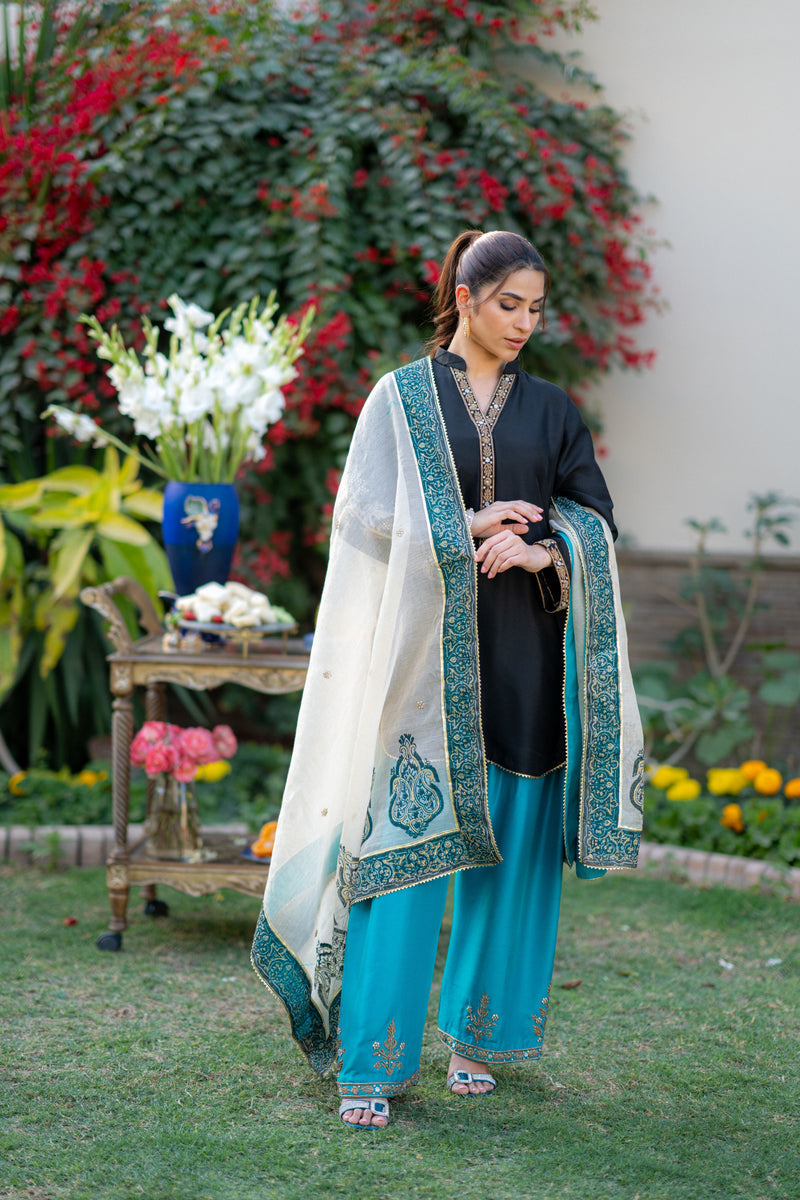 Wahaj M Khan | Pari Collection | Black Turquoise Pari Outfit - Pakistani Designer Dress - by Wahaj M Khan - Type : Ladies Clothes - 100% Original at Saira Sultan