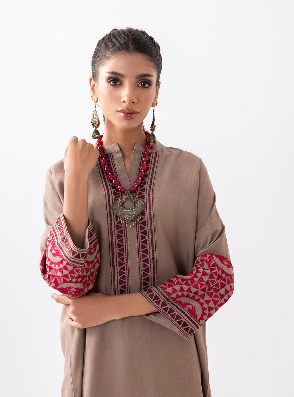 Zainab Chottani | Aara Casual Pret | Sandy Beige Custom Size Rosy Brown Ecovero Viscose