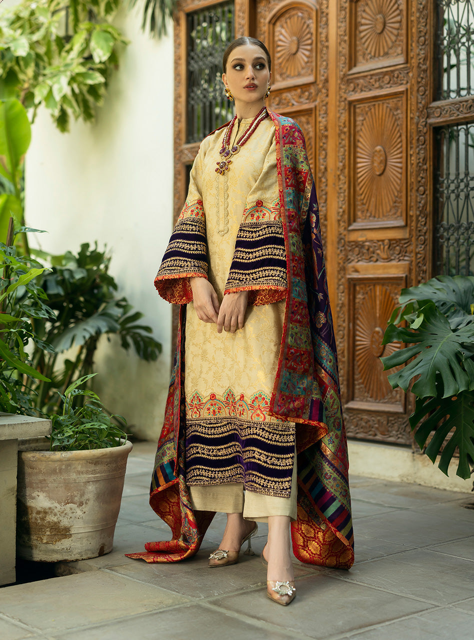 Zainab Chottani | Makhmal Luxe Pret | Zarrin S Beige Self Jamawar