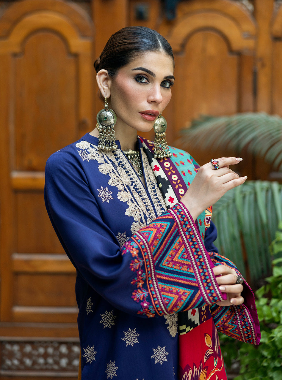 Zainab Chottani | Winter Shawls 24 |Maya XL Navy Herringbone