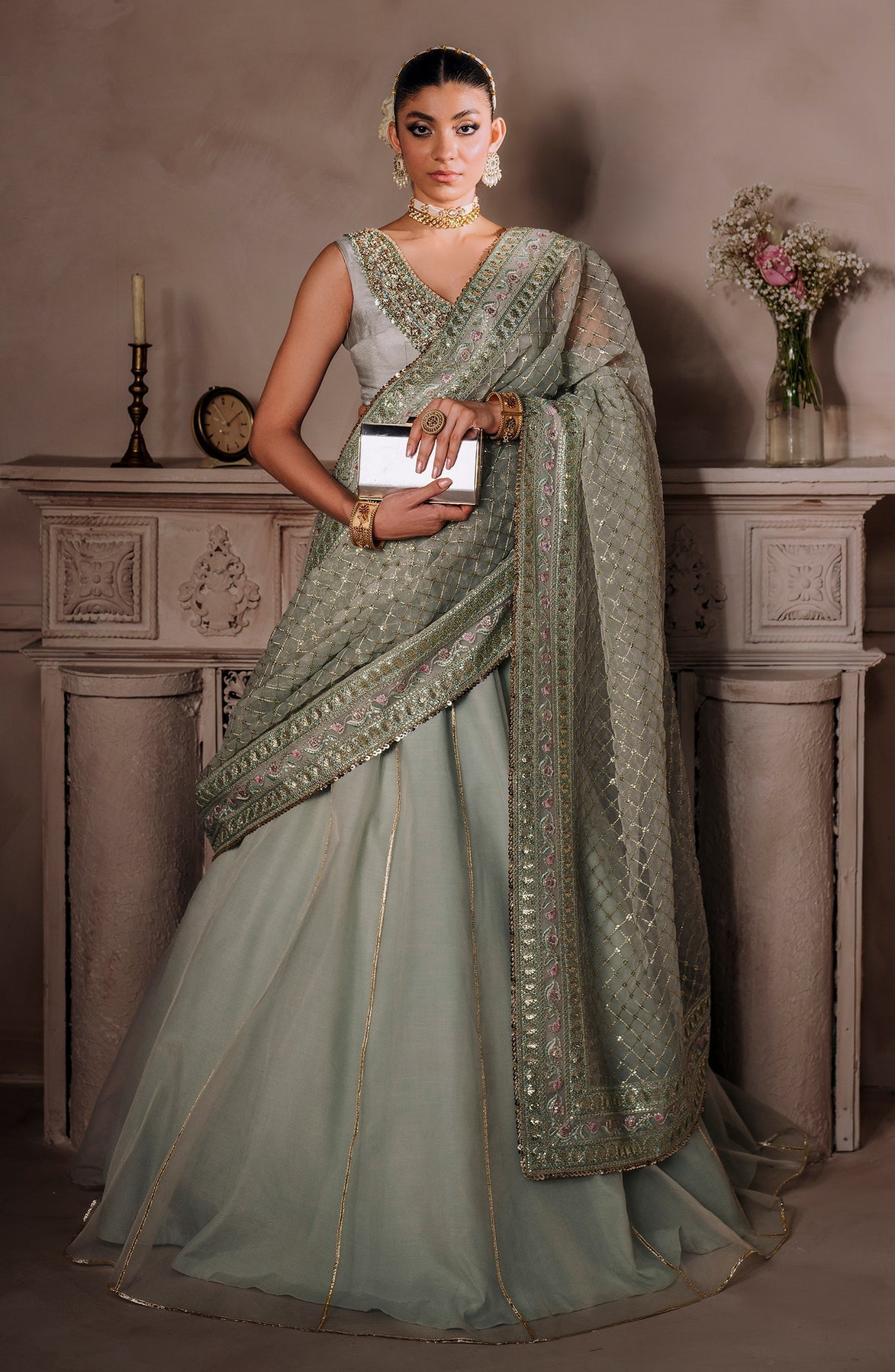 Zevk | Malika Jaan Bridals | AMEERAN Custom Size Ice Blue Tusel Silk