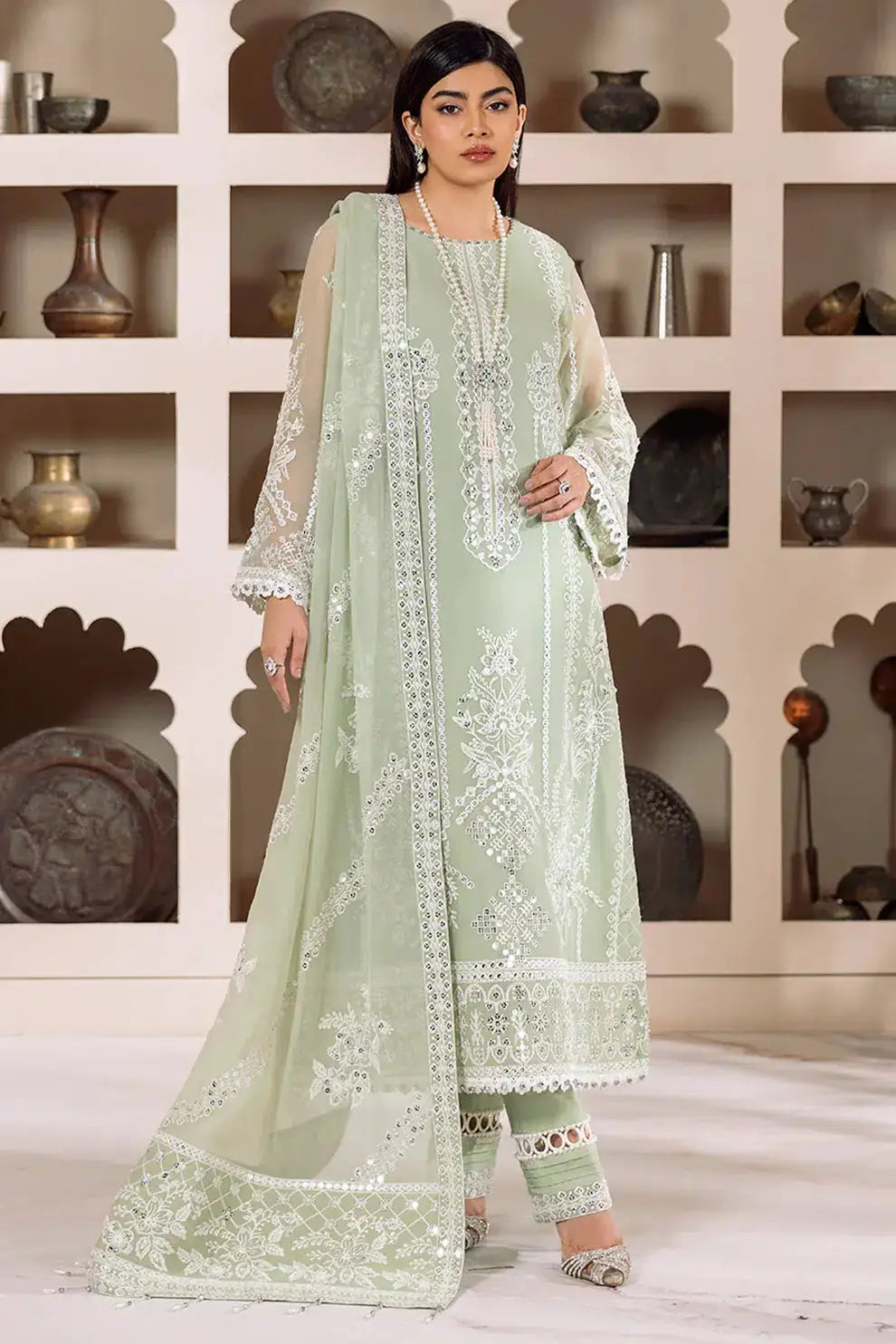 Alizeh | Dua Formals 23 | DUA-V01D04A- MEHRUNISA ( PISTA ) - Pakistani Designer Dress - by Alizeh | Type: Formal - 100% Original at Saira Sultan