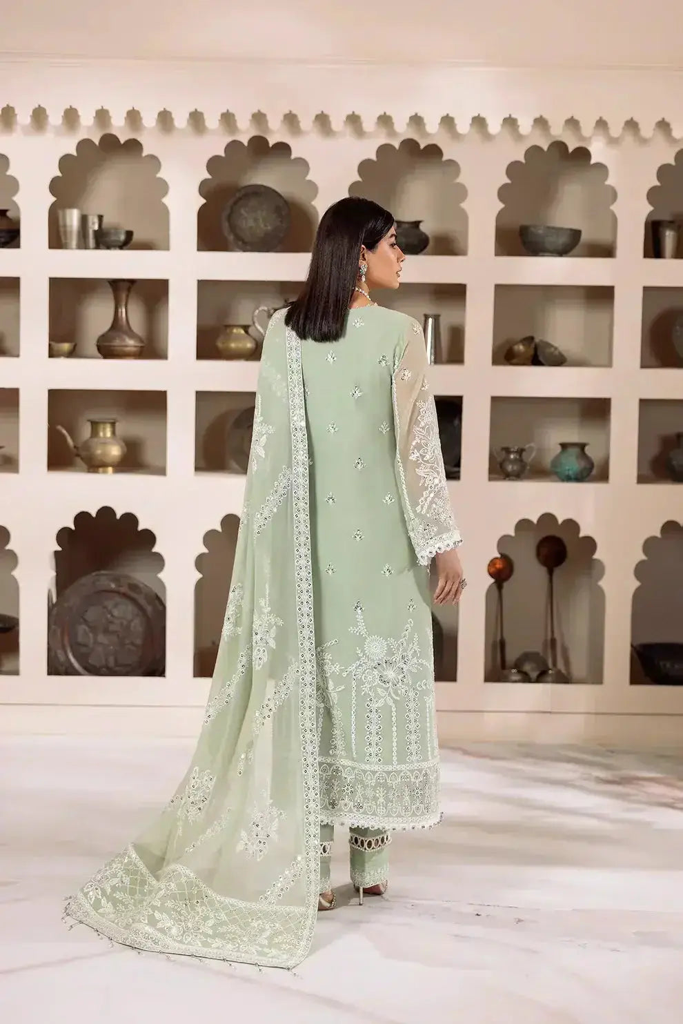 Alizeh | Dua Formals 23 | DUA-V01D04A- MEHRUNISA ( PISTA ) - Pakistani Designer Dress - by Alizeh | Type: Formal - 100% Original at Saira Sultan