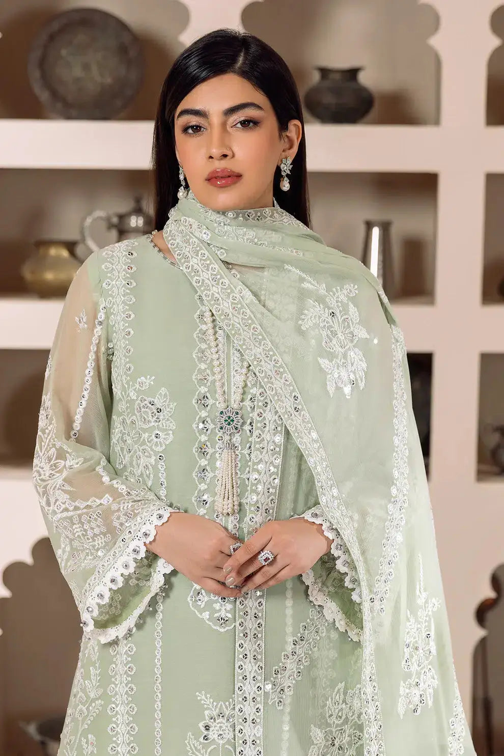 Alizeh | Dua Formals 23 | DUA-V01D04A- MEHRUNISA ( PISTA ) - Pakistani Designer Dress - by Alizeh | Type: Formal - 100% Original at Saira Sultan