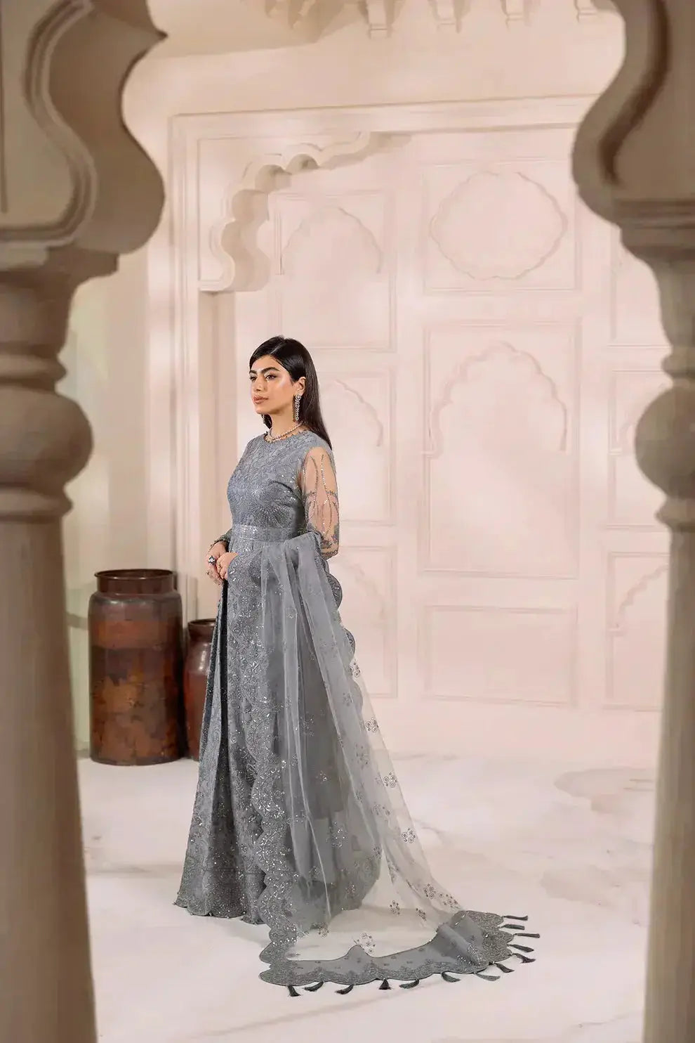 Alizeh | Dua Formals 23 | DUA-V01D01B- KHIRAD ( GREY ) - Pakistani Designer Dress - by Alizeh | Type: Formal - 100% Original at Saira Sultan