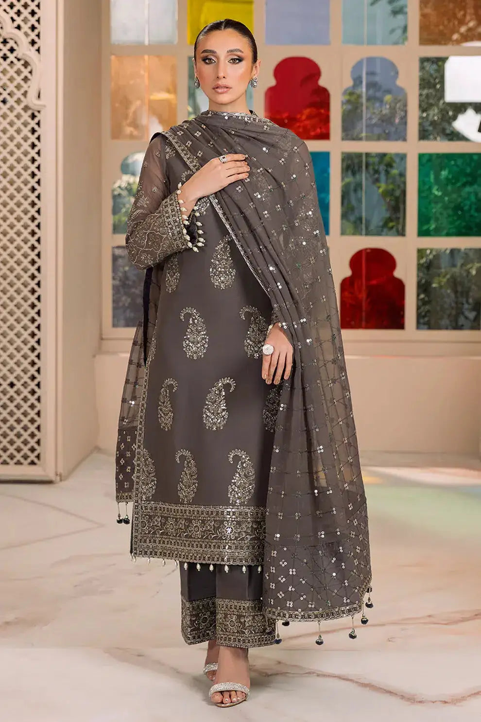 Alizeh | Dua Formals 23 | DUA-V01D06B- AMAYA ( GREY ) - Pakistani Designer Dress - by Alizeh | Type: Formal - 100% Original at Saira Sultan
